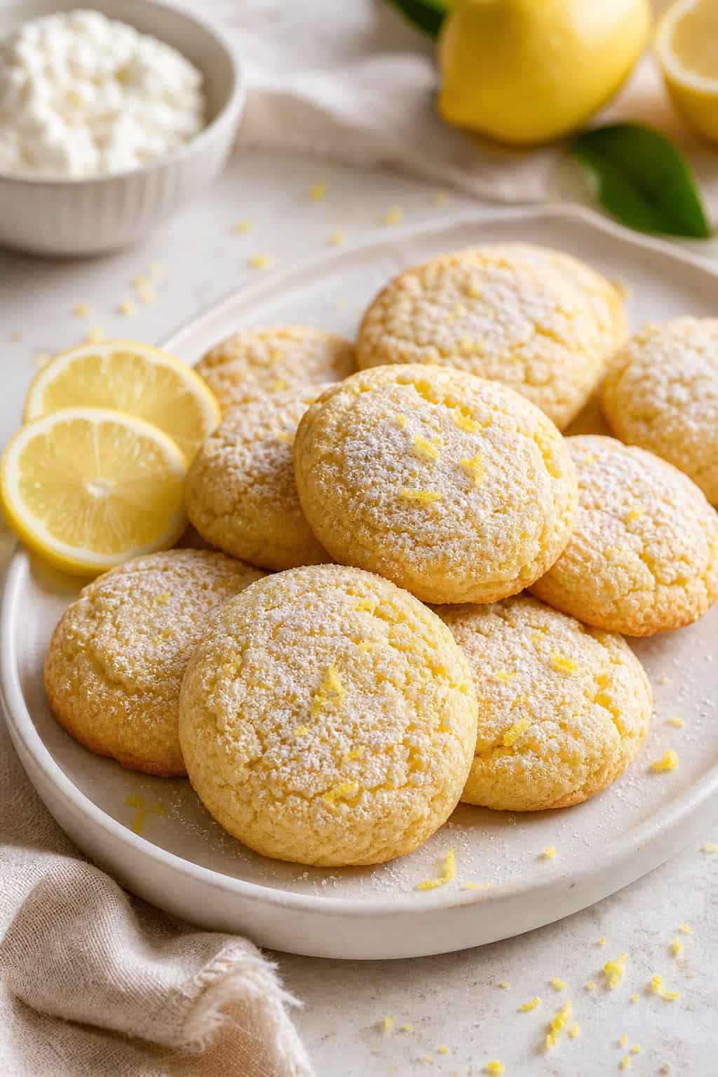 A platter of powdered lemon ricotta cookies with lemon slices on a bright dining table.