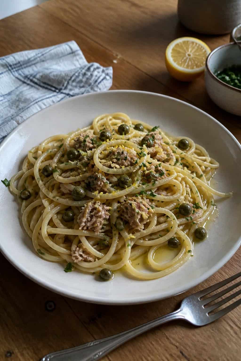 17 Pasta Dinners That Feel Fancy But Use Pantry Staples 6 A plate of pasta tossed with flaked tuna, small capers, and visible lemon zest