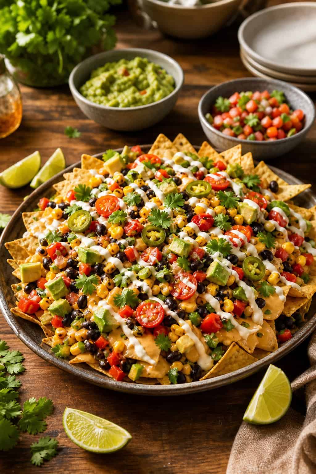 A platter of loaded vegan nachos topped with beans, vegetables, avocado, cilantro, and creamy sauces.