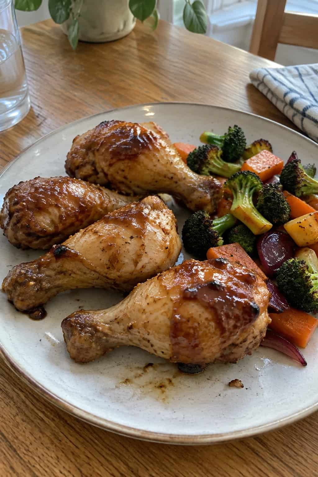 Glazed chicken drumsticks served with vegetables on a plate.