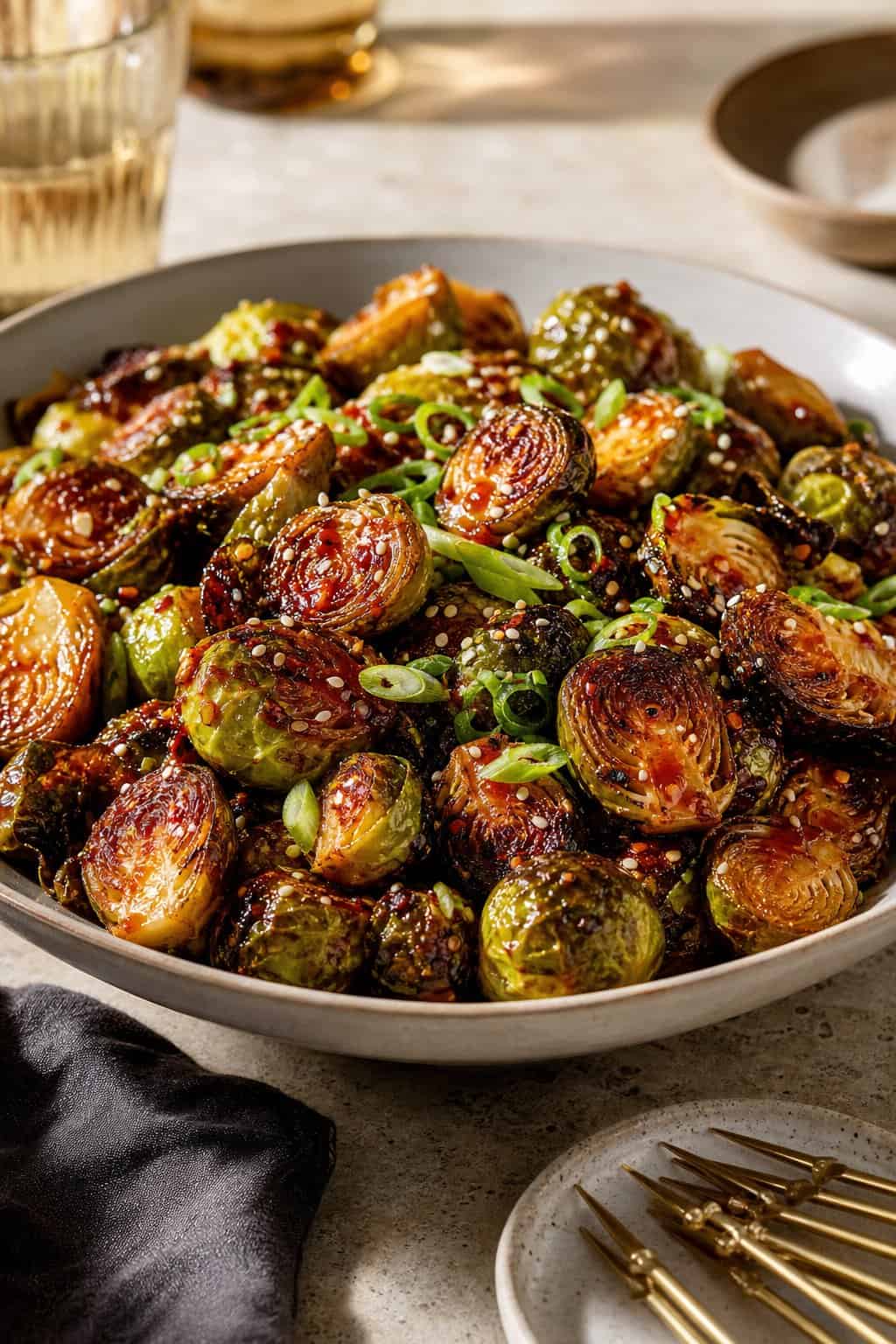 Vegan Appetizers That Disappear Fast at Parties 10 A bowl of glossy roasted Brussels sprouts garnished with scallions, sesame seeds, and chili flakes on a party table.