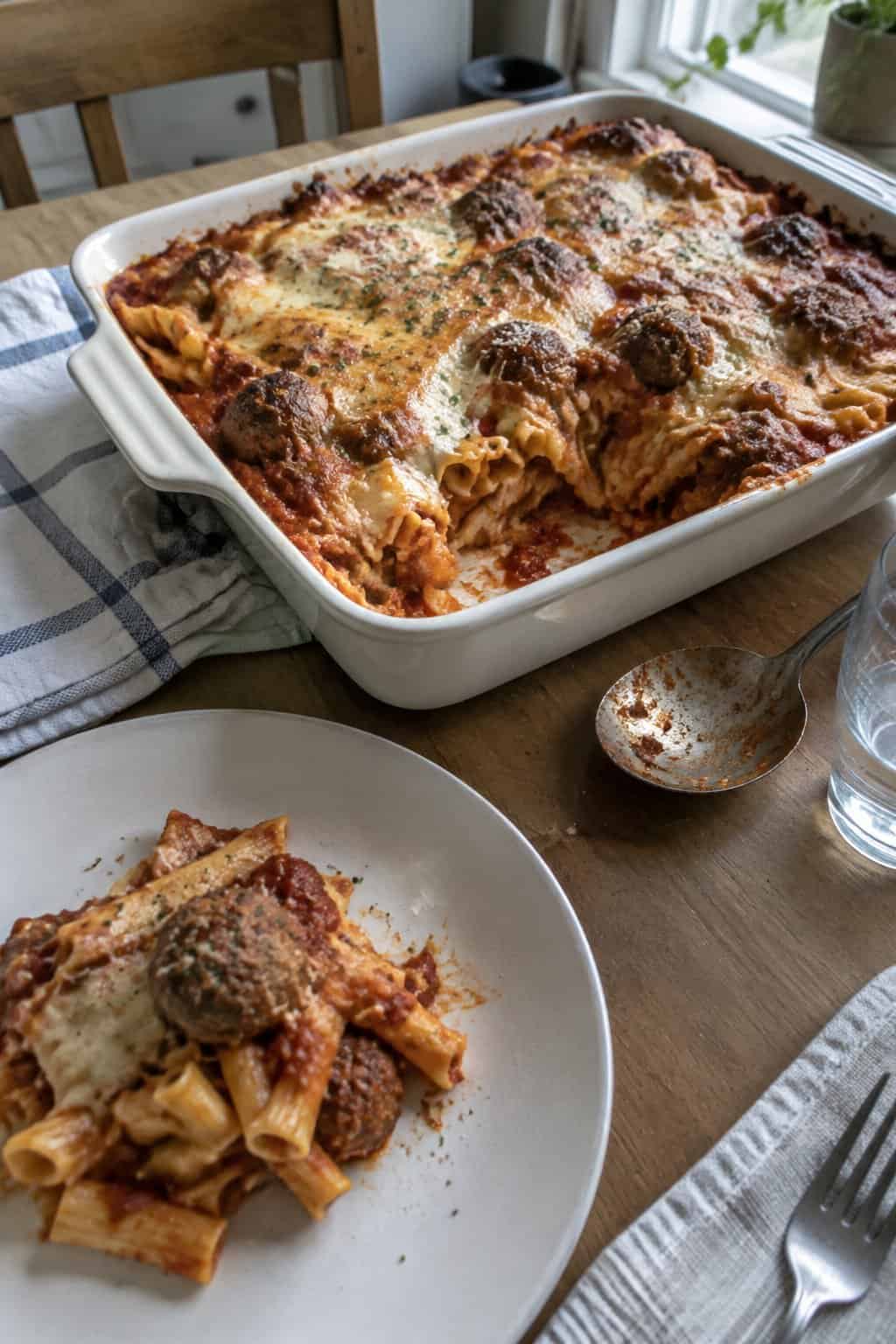 A baked pasta casserole with meatballs, marinara sauce, and melted cheese in a ceramic dish.