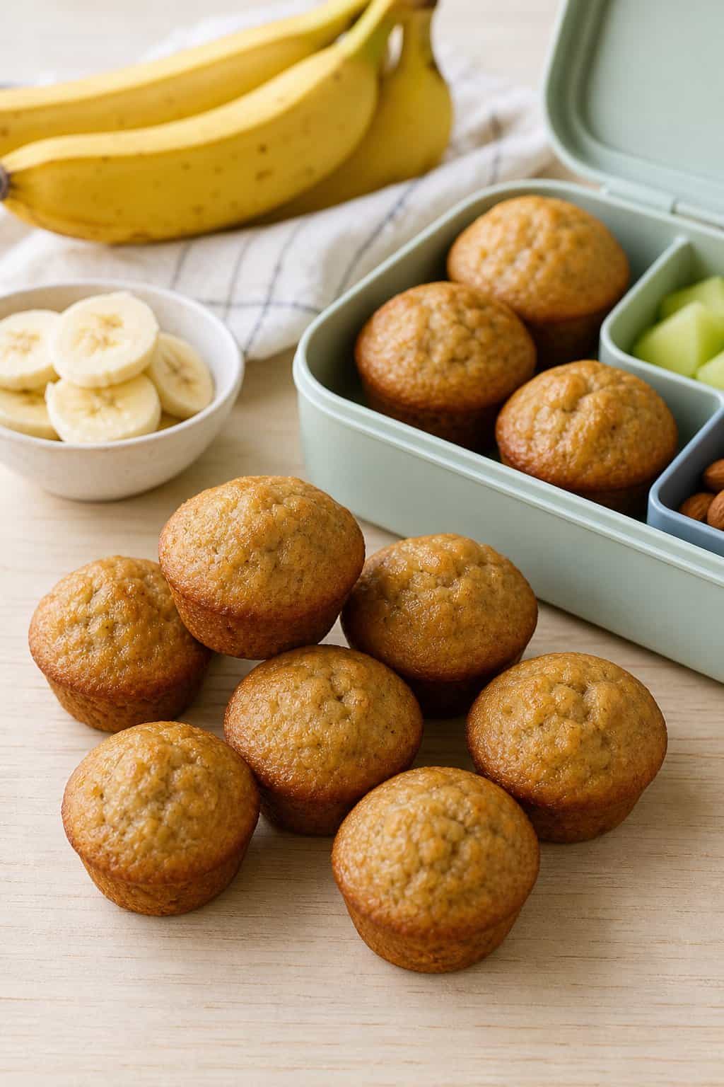 16 Easy Lunchbox Sides Kids Will Eat 14 Mini banana muffins arranged beside an open lunchbox with banana pieces nearby.