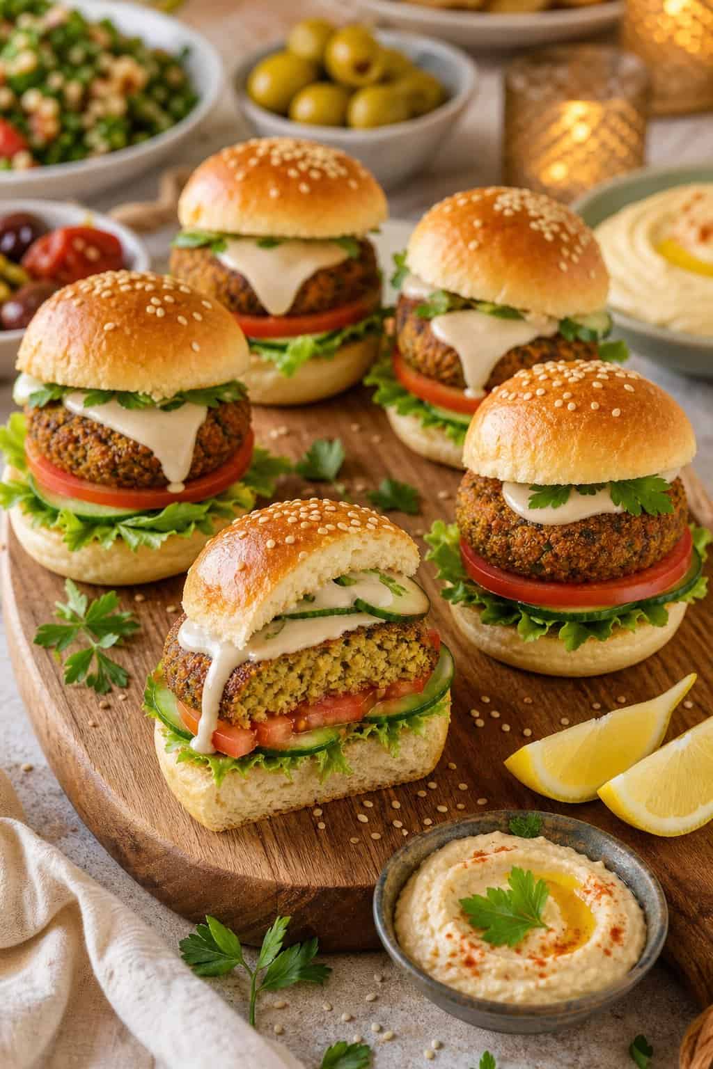 Mini falafel sliders with vegetables and tahini arranged on a serving board with lemon and herbs.