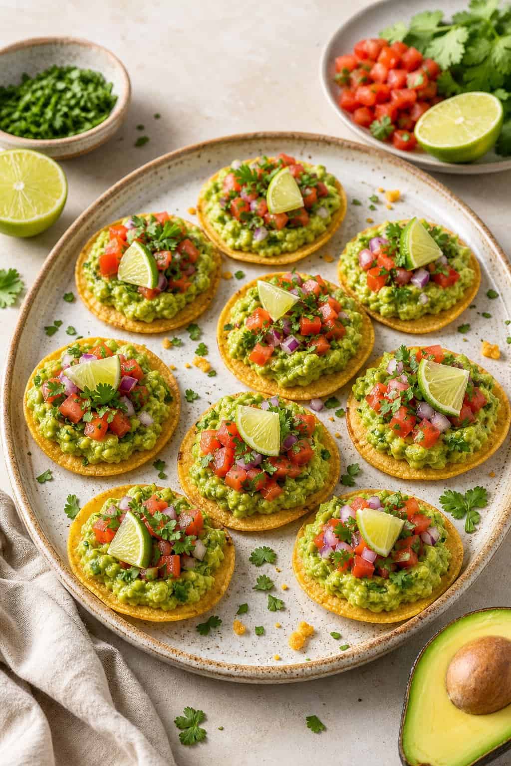 Mini guacamole tostadas topped with diced tomatoes, red onion, cilantro, and lime arranged on a serving platter.