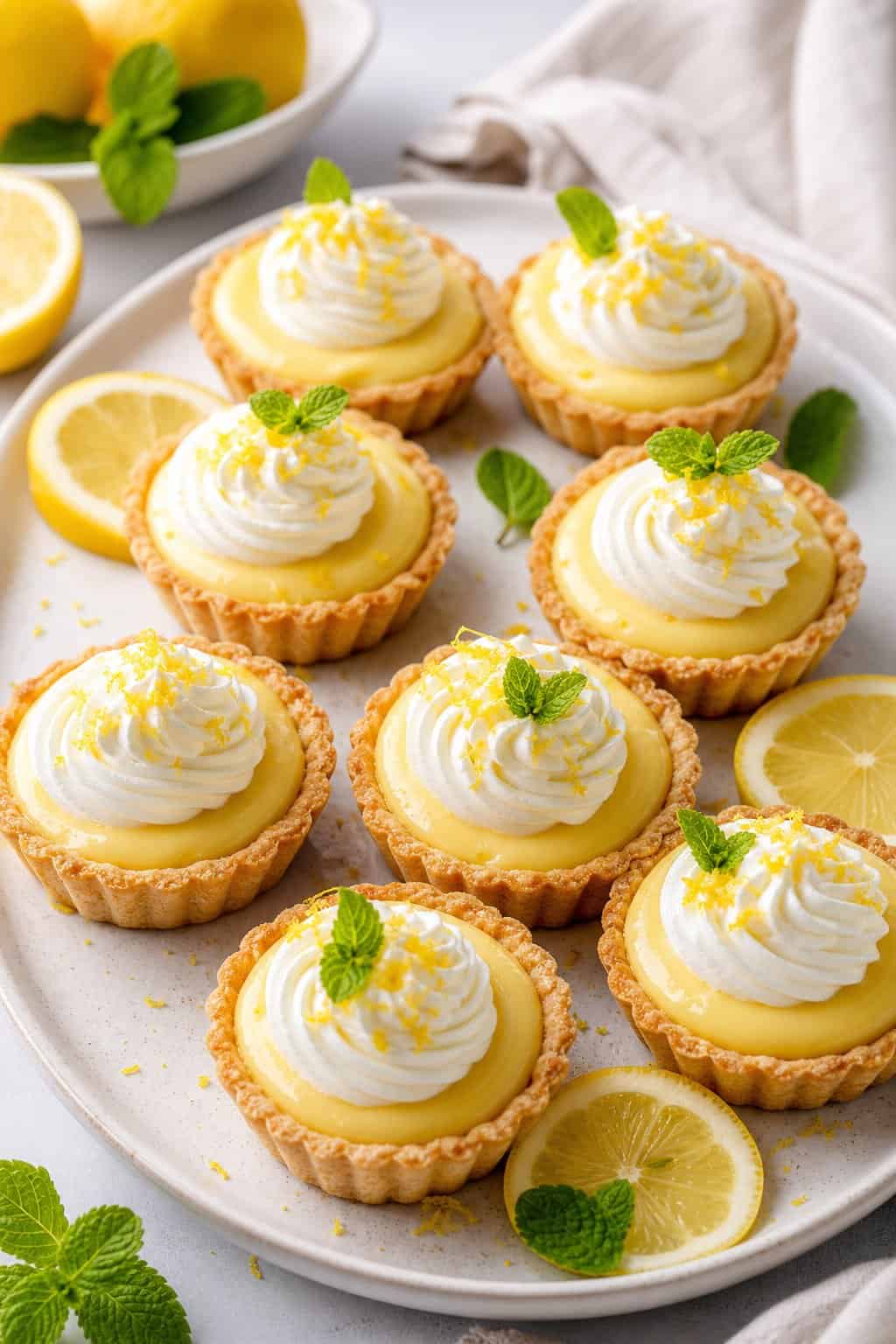 Mini lemon cream tarts topped with whipped cream and lemon zest on a serving platter.