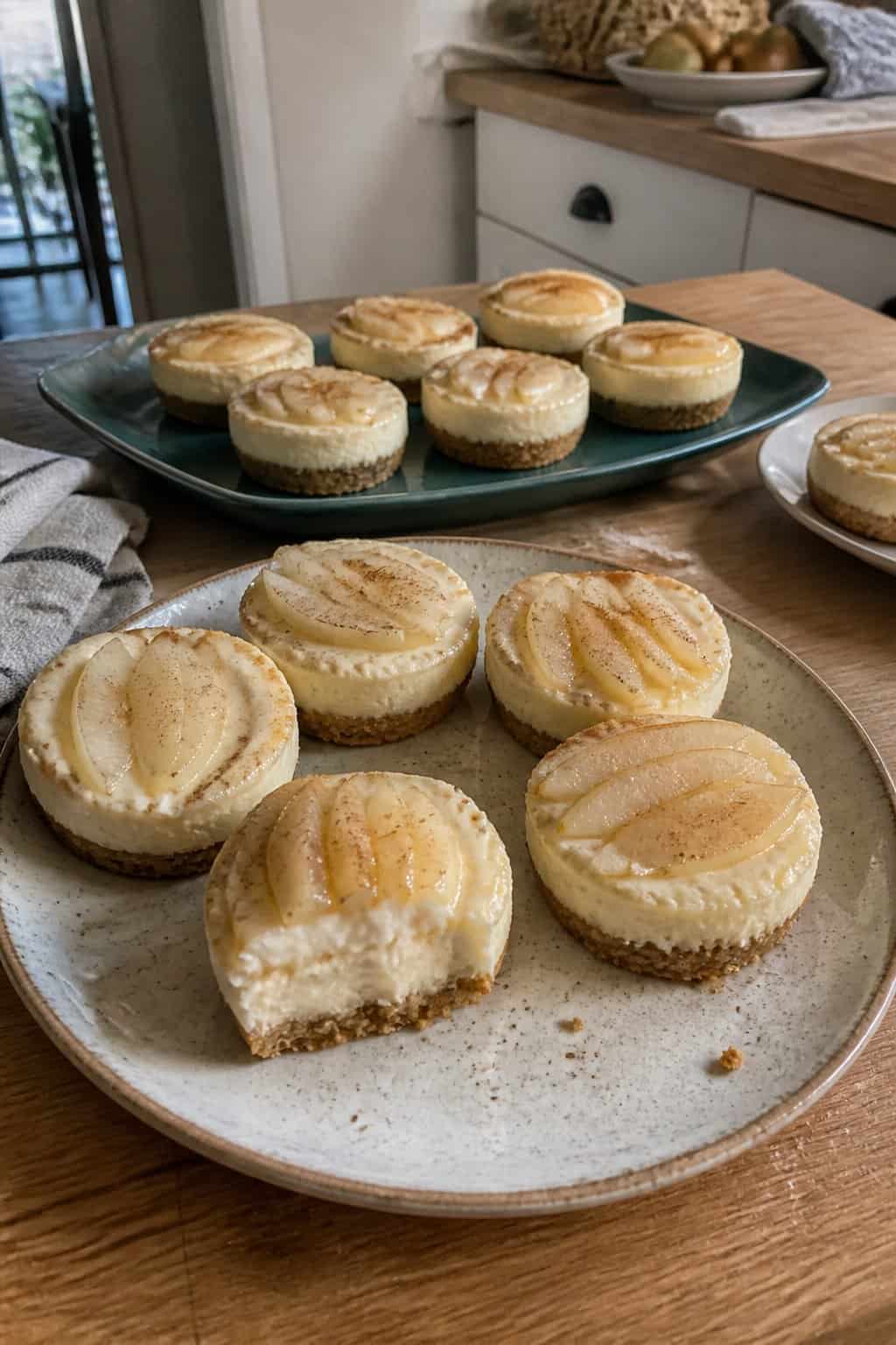Mini pear cheesecakes with pear slices arranged on a plate on a kitchen table.