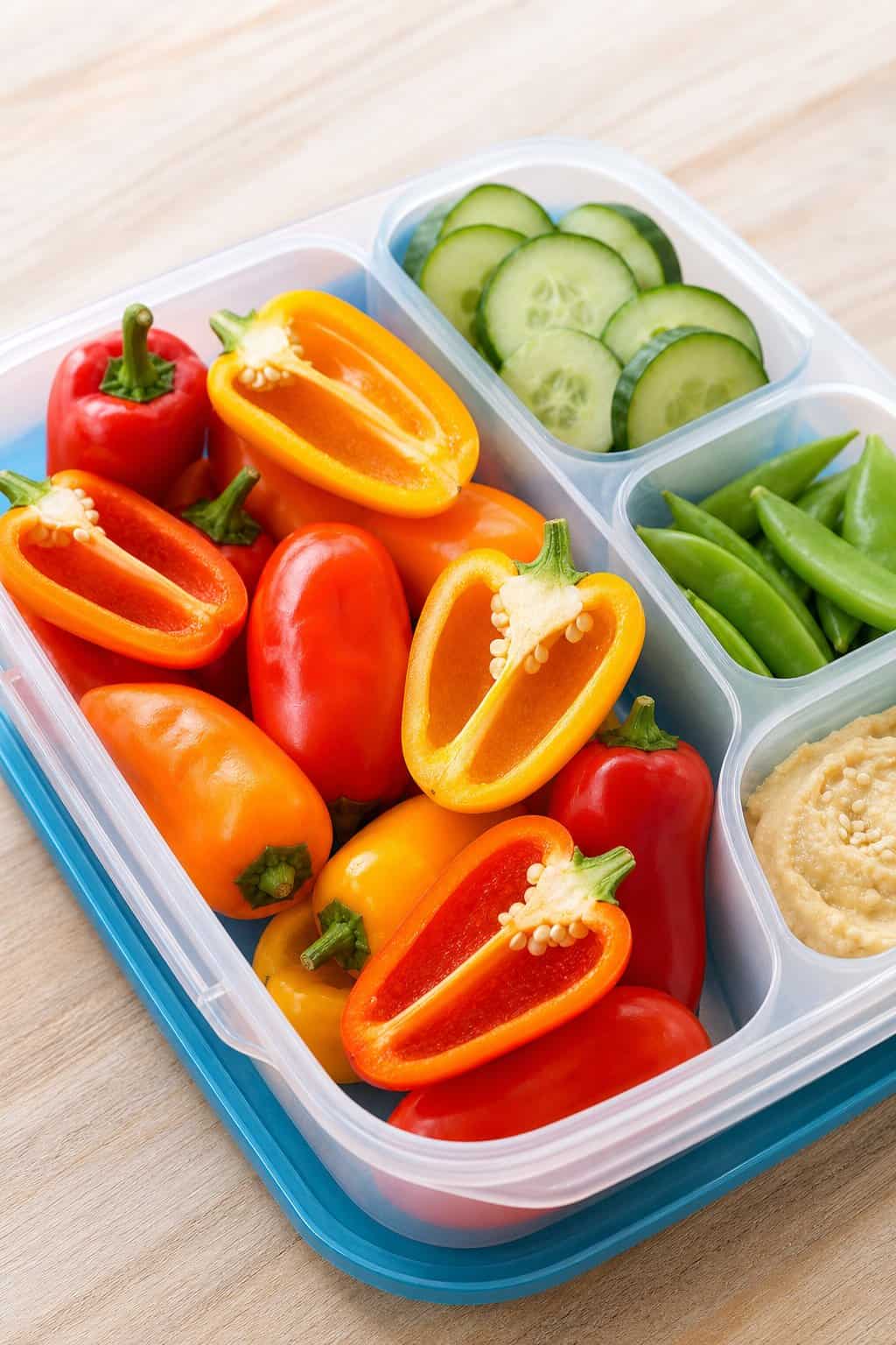 16 Easy Lunchbox Sides Kids Will Eat 7 A lunchbox filled with colorful mini sweet peppers and other fresh vegetable sides.