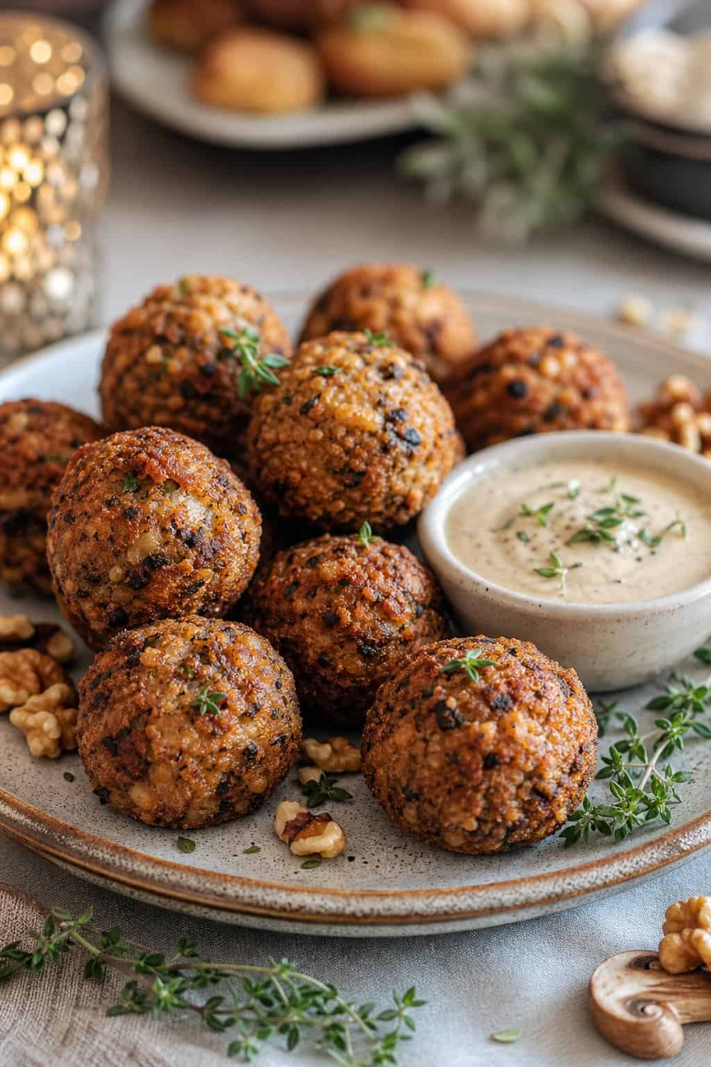 A platter of golden-brown vegan mushroom-walnut meatballs with dipping sauce and fresh herbs.