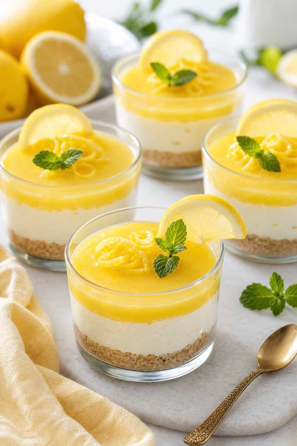 Several lemon cheesecake cups with crumb crust, creamy filling, lemon curd, and fresh lemon garnish arranged on a table.