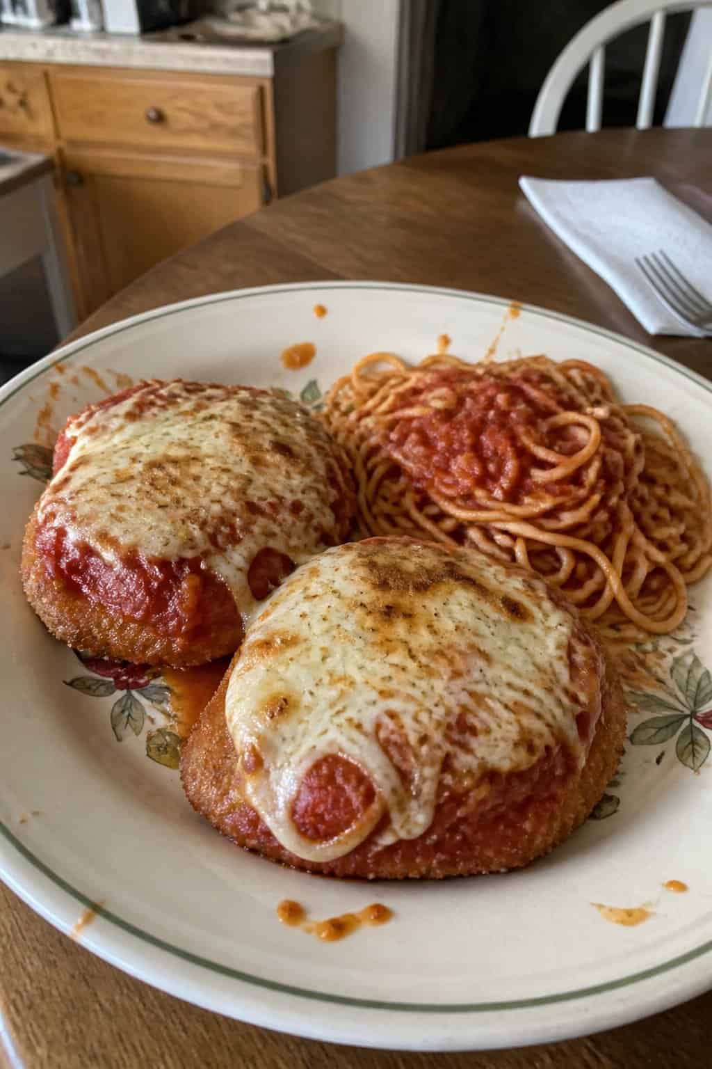 20 Copycat Chicken Recipes for Restaurant Cravings at Home 10 A plate of breaded chicken topped with tomato sauce and melted cheese served with spaghetti.