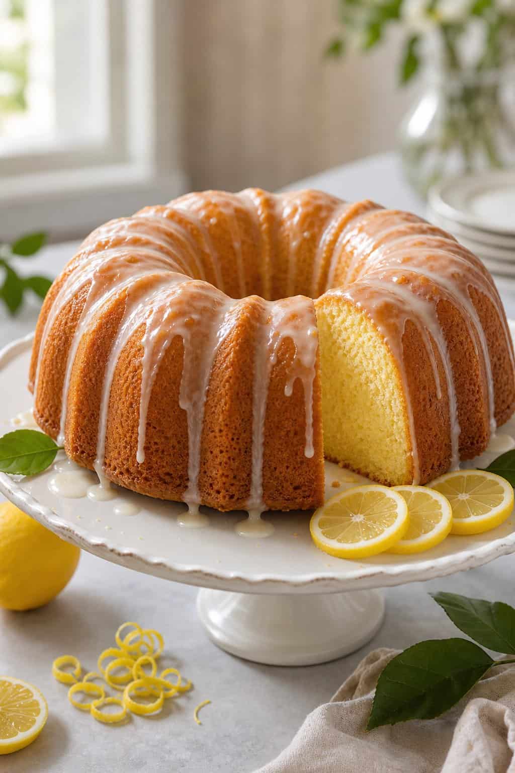 A glazed lemon Bundt cake on a cake stand with lemon slices and zest nearby.
