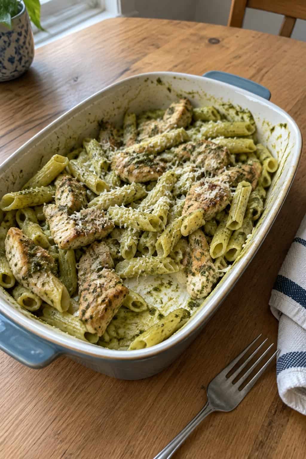 Pesto pasta with chicken and grated cheese in a baking dish.