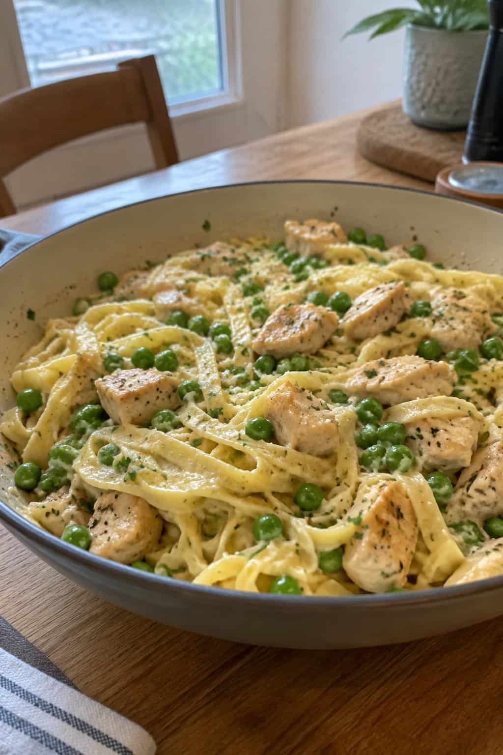 A pan of creamy chicken Alfredo pasta with green peas.