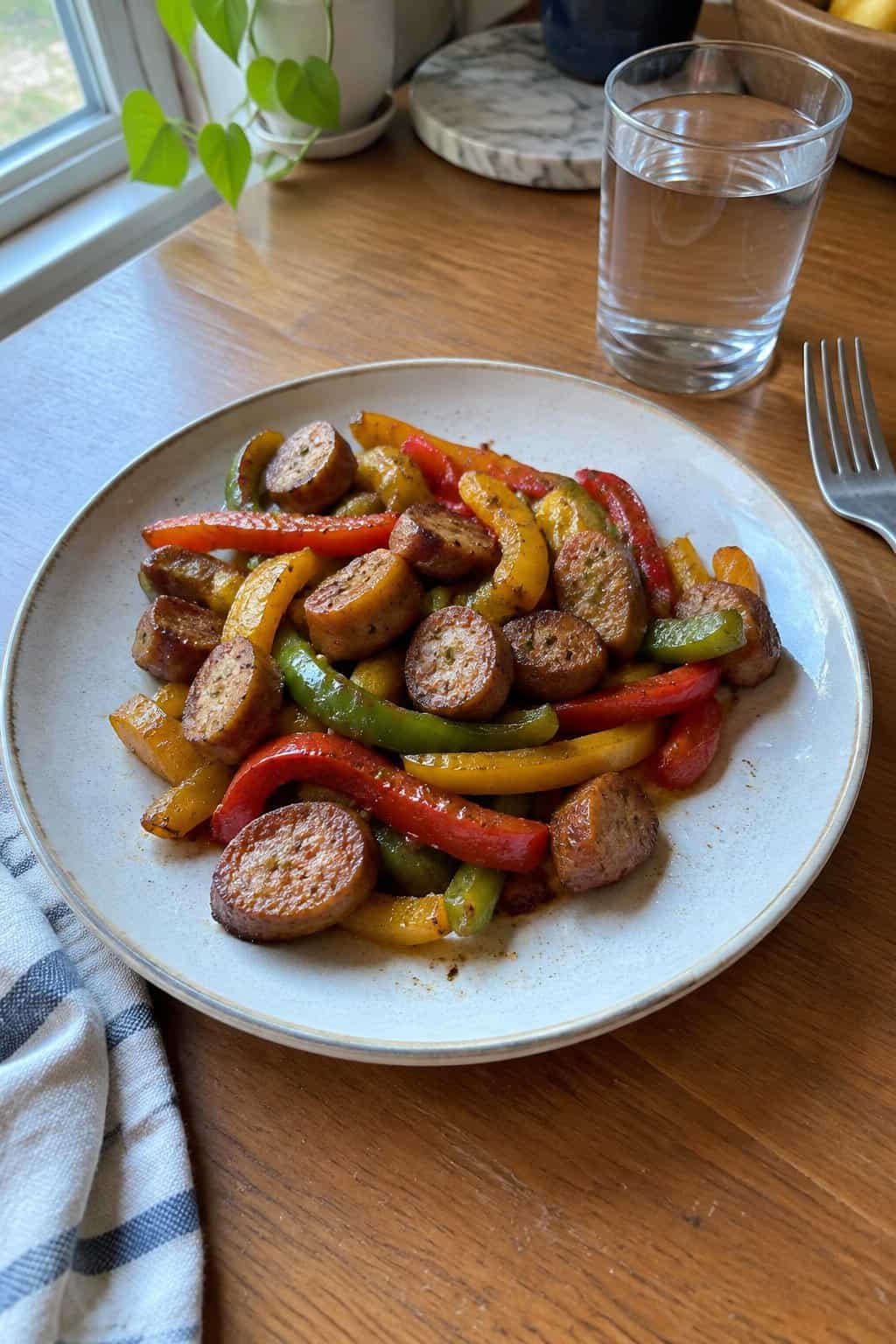 A homemade plate of sliced chicken sausage and colorful bell peppers on a kitchen table.