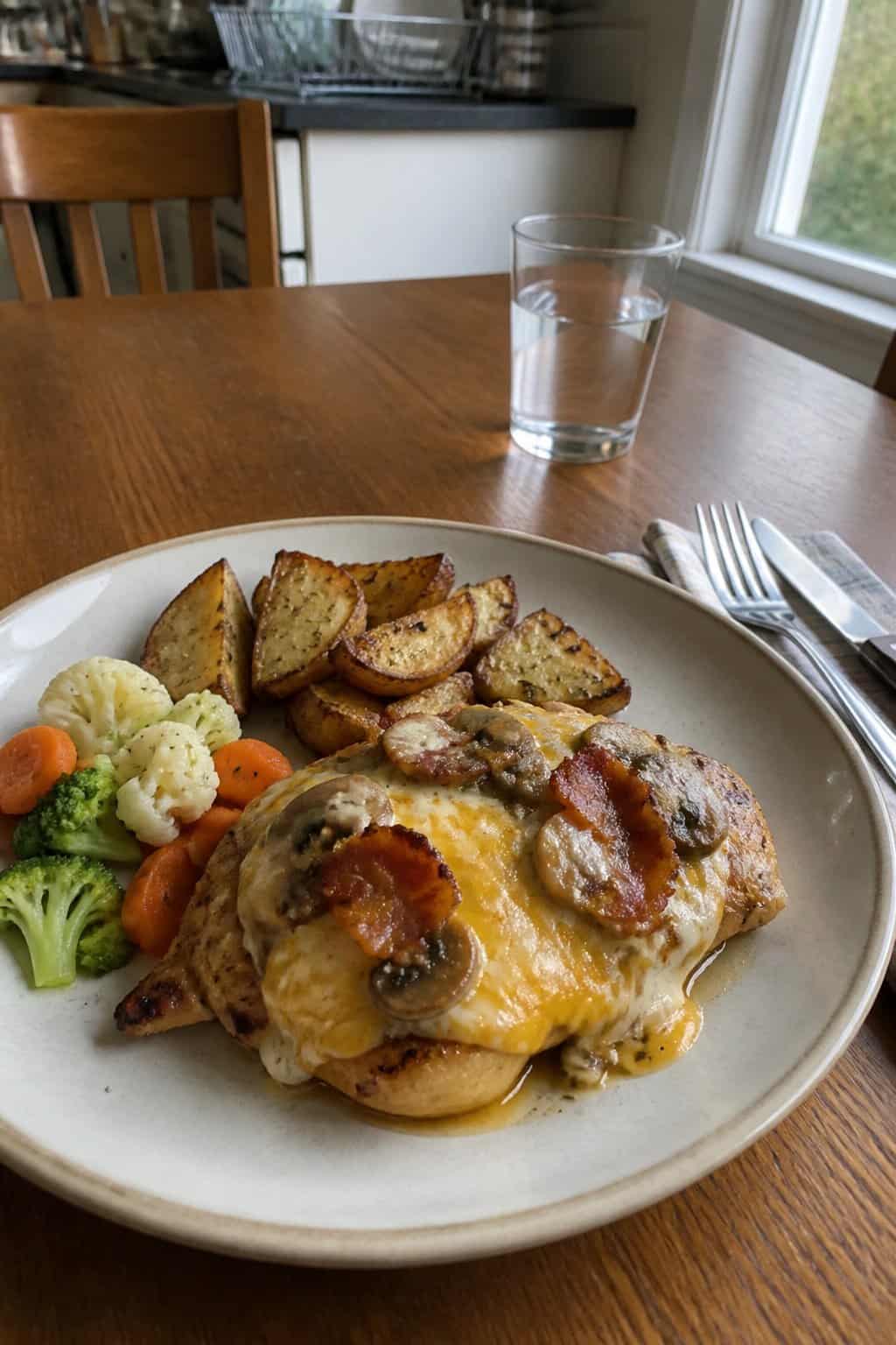 20 Copycat Chicken Recipes for Restaurant Cravings at Home 14 A plate of cheesy bacon-topped chicken with mushrooms, potato wedges, and vegetables on a dining table.