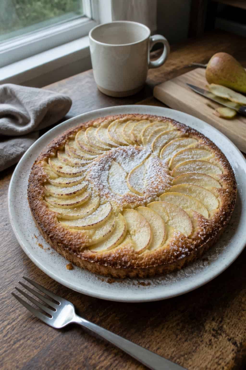 A homemade pear and almond tart with sliced pears arranged on top, served on a plate beside a fork.