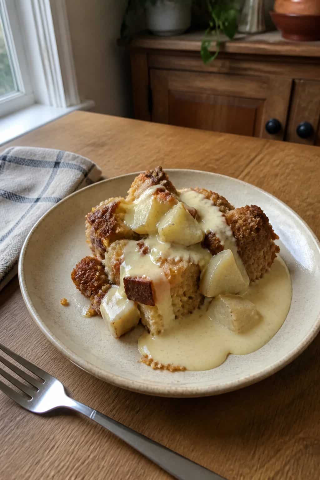 A serving of pear bread pudding with vanilla sauce on a plate beside a fork on a kitchen table.