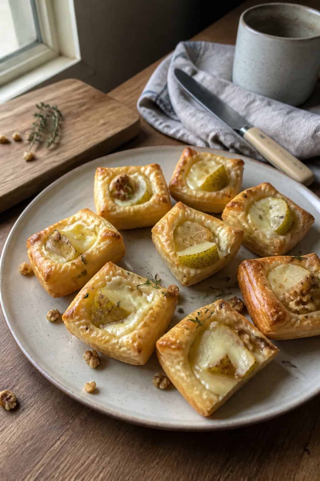 Golden pear and Brie puff pastry bites arranged on a plate beside a window.