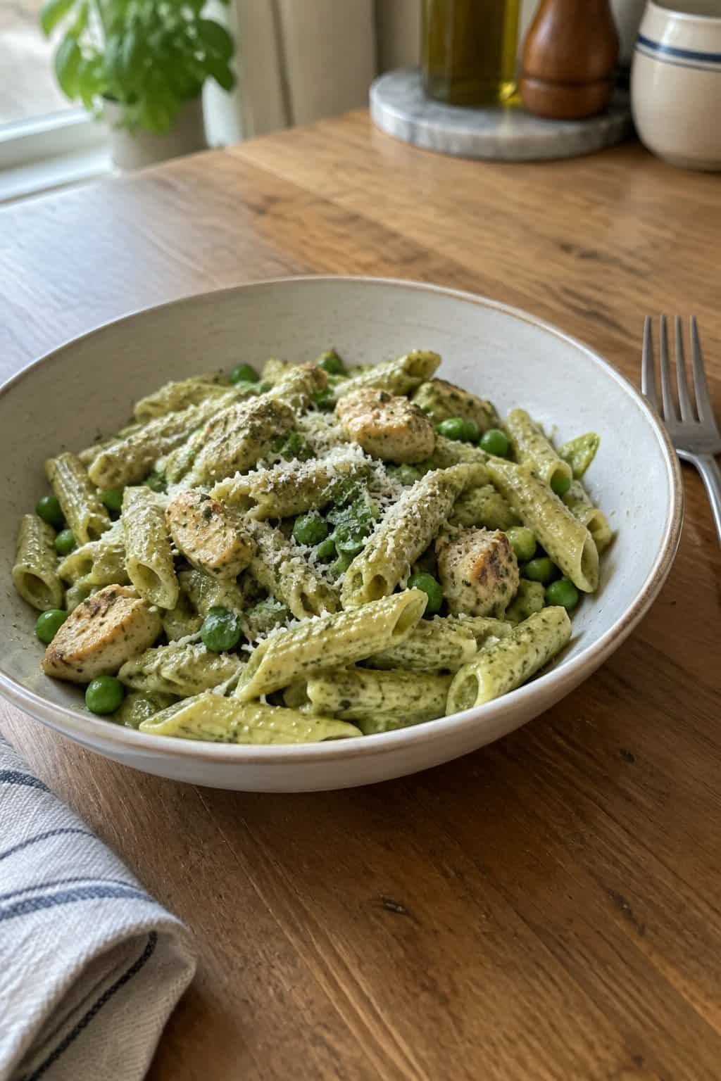 A bowl of pesto chicken pasta with peas on a kitchen table beside a fork.