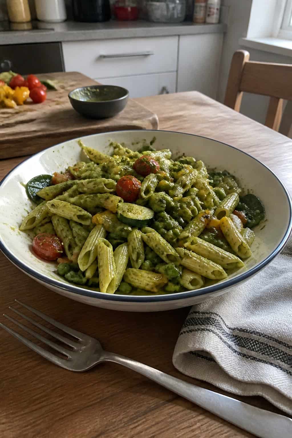 17 Budget Dinners That Use What You Already Bought 18 A bowl of pesto pasta tossed with roasted zucchini, peas, and cherry tomatoes.