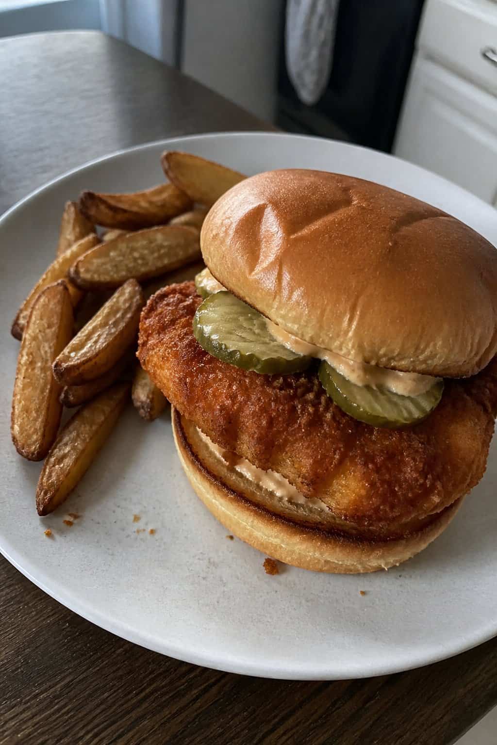 20 Copycat Chicken Recipes for Restaurant Cravings at Home 6 A spicy fried chicken sandwich with pickles and sauce on a plate beside fries.