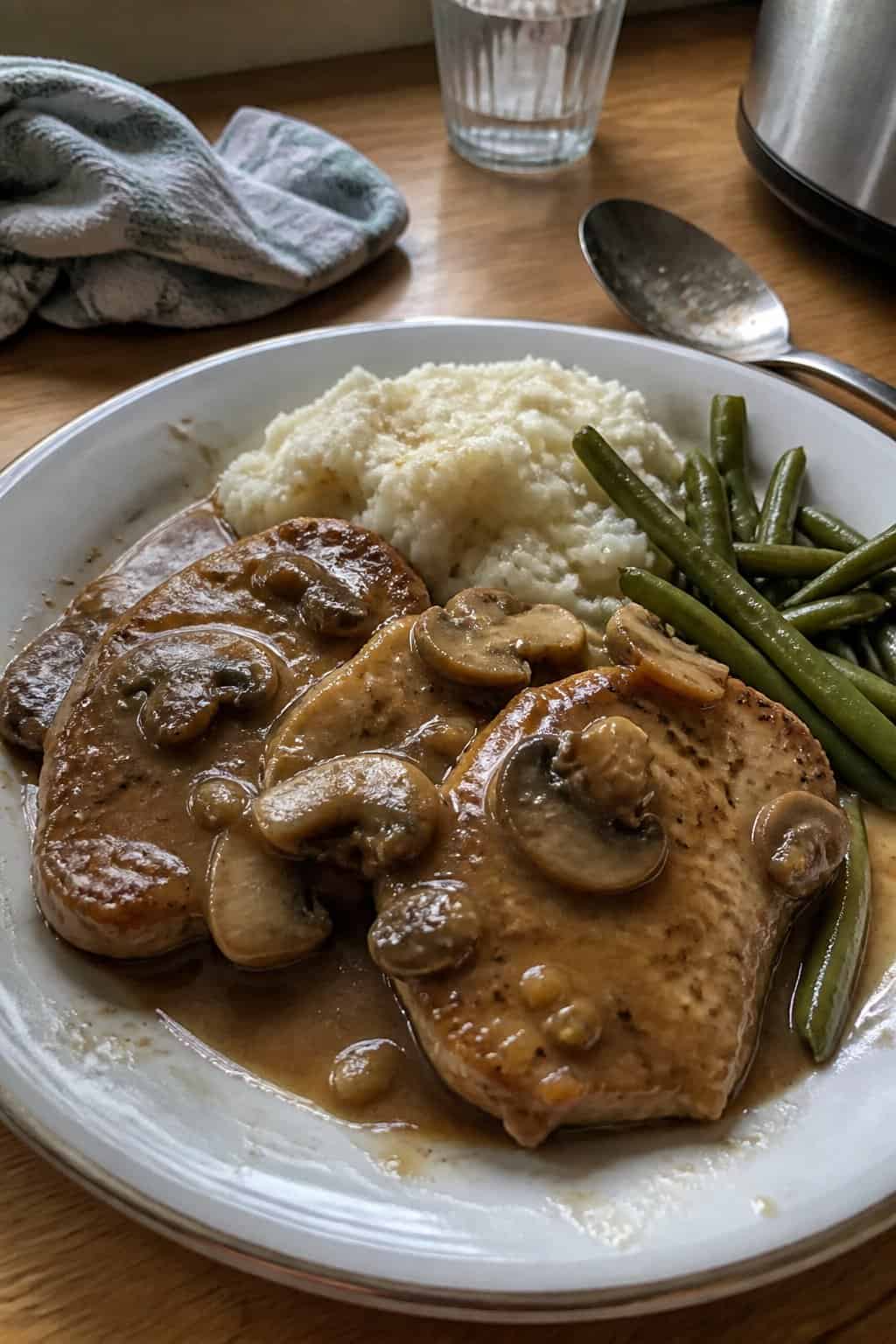 A plate of boneless pork chops covered in mushroom gravy with mashed potatoes and green beans.