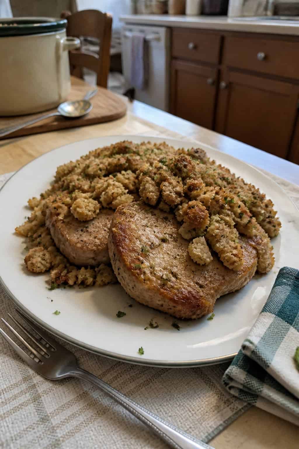 A plate of boneless pork chops served with rustic herb stuffing on a kitchen table.