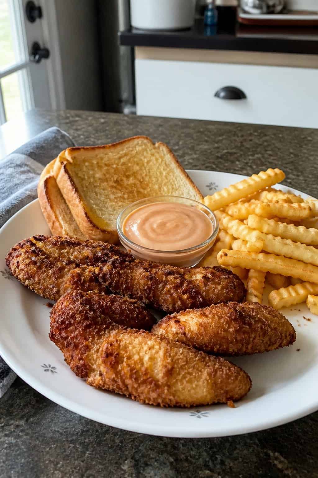 20 Copycat Chicken Recipes for Restaurant Cravings at Home 5 A plate of homemade chicken fingers with fries, toast, and dipping sauce on a kitchen table.