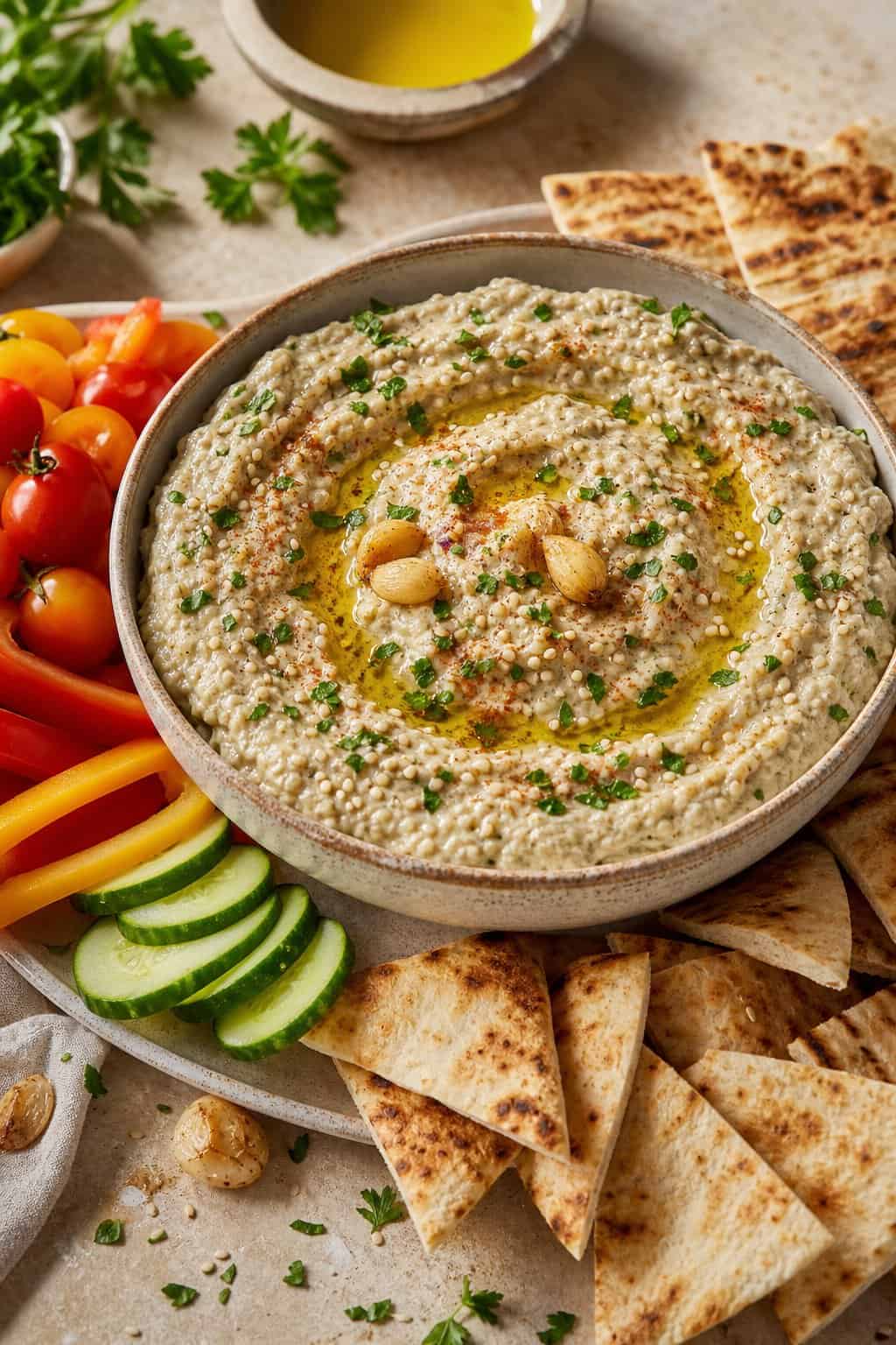 A bowl of roasted garlic baba ganoush surrounded by pita wedges and fresh vegetables.