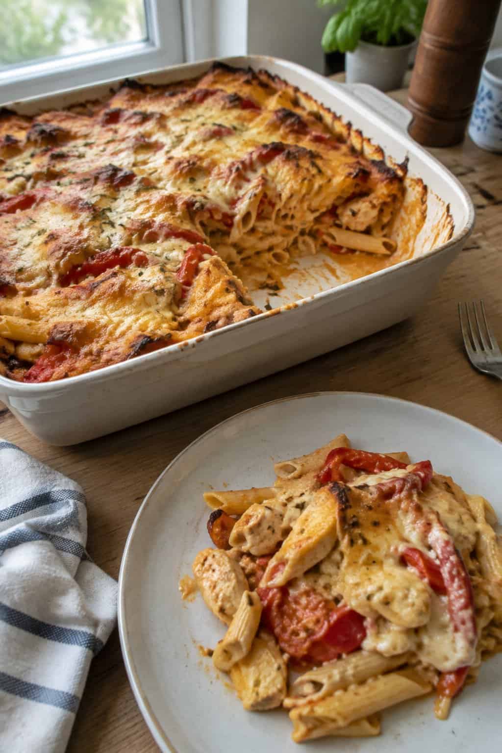 A baked pasta casserole with chicken, roasted red peppers, and melted cheese.