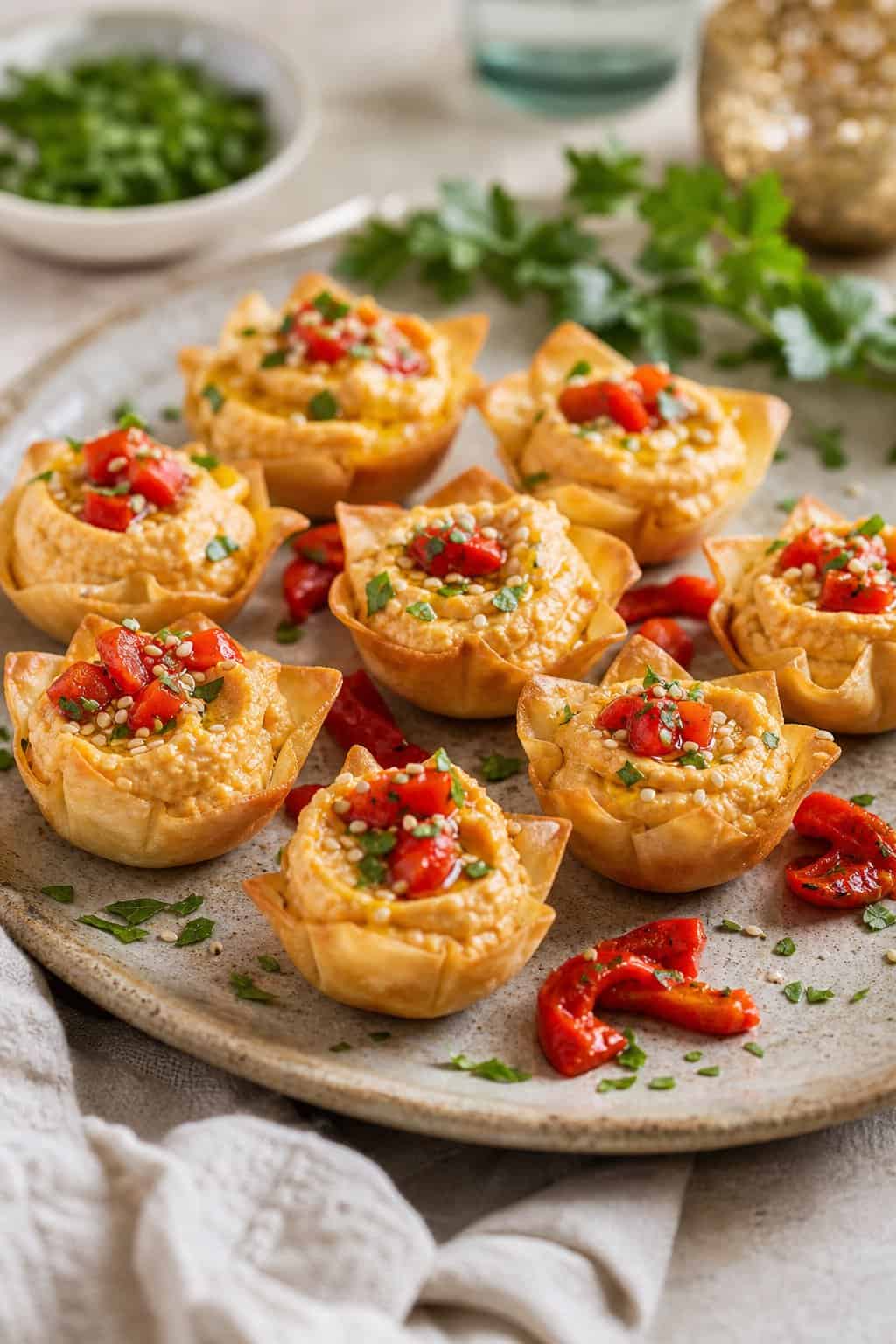 Small cups of roasted red pepper hummus garnished with diced peppers, parsley, and sesame seeds on a serving platter.