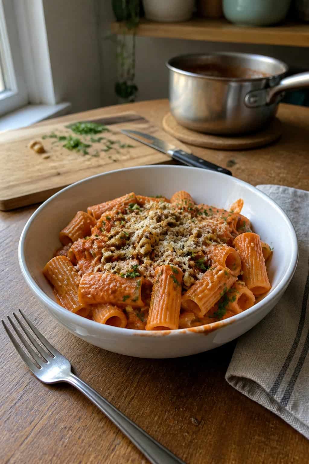 17 Pasta Dinners That Feel Fancy But Use Pantry Staples 11 A bowl of roasted red pepper and walnut pasta garnished with grated Parmesan and fresh parsley