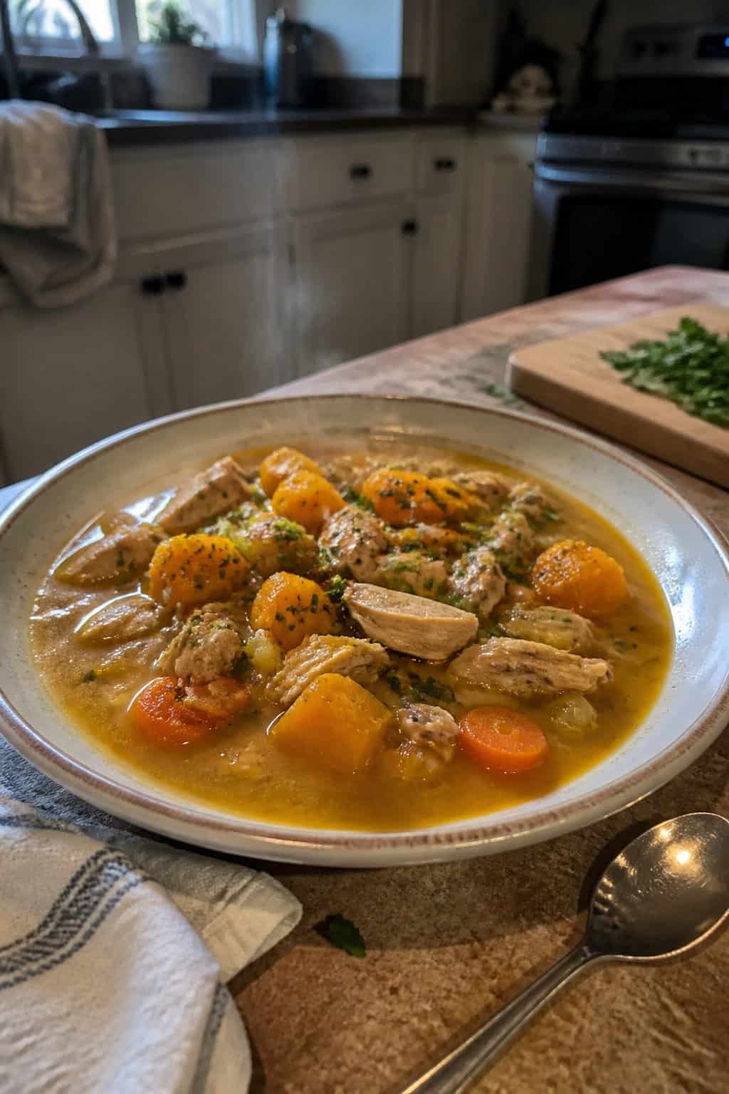 25 Turkey Soup Recipes That Make the Whole House Smell Amazing 8 A bowl of roasted turkey and butternut squash soup sits on a kitchen table beside a spoon and dish towel.