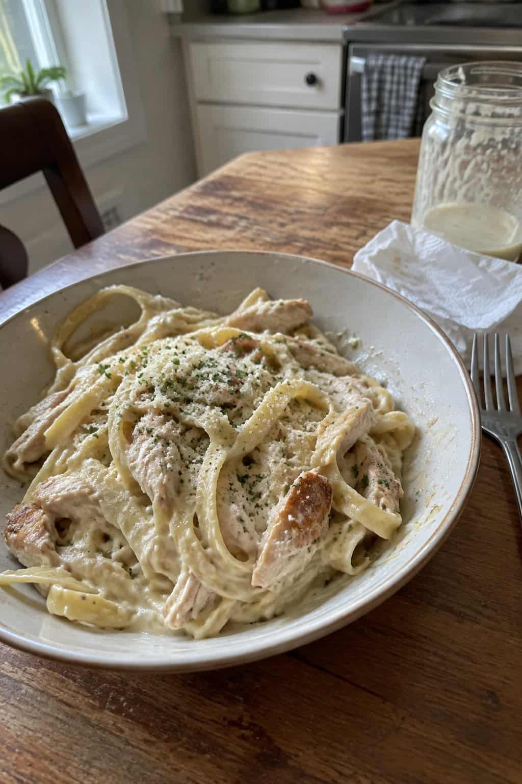 A bowl of creamy chicken Alfredo pasta sits on a kitchen table beside a fork and napkin.