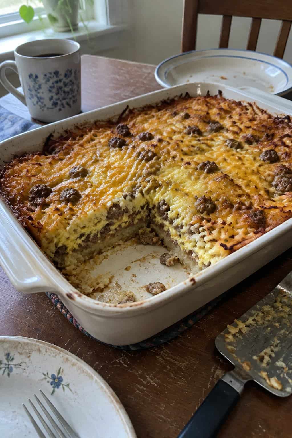 A serving of sausage, egg, and hash brown casserole sits in a baking dish on a kitchen table.