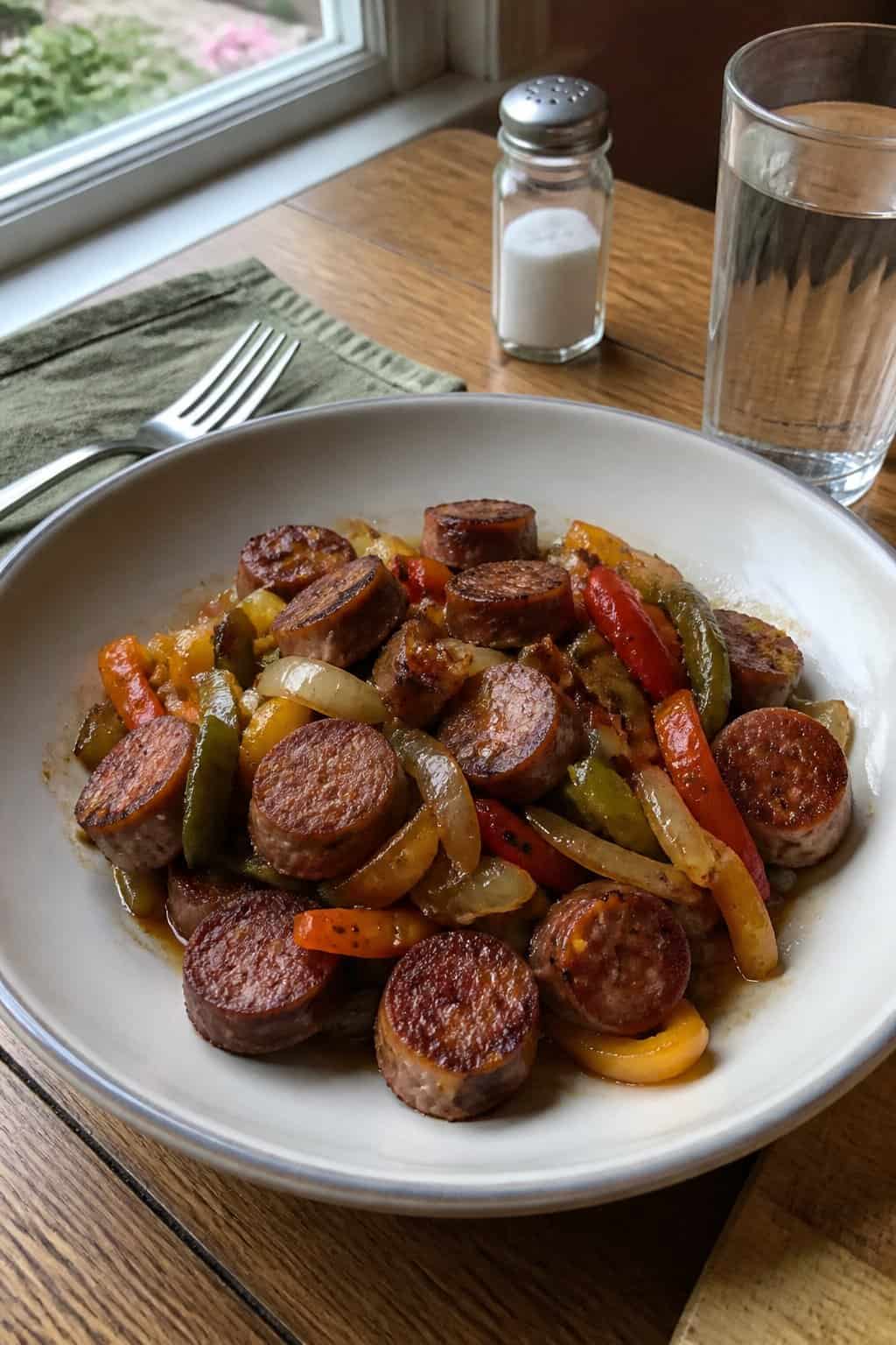 17 Budget Dinners That Use What You Already Bought 8 Sliced smoked sausage with sautéed peppers and onions on a plate beside a fork.