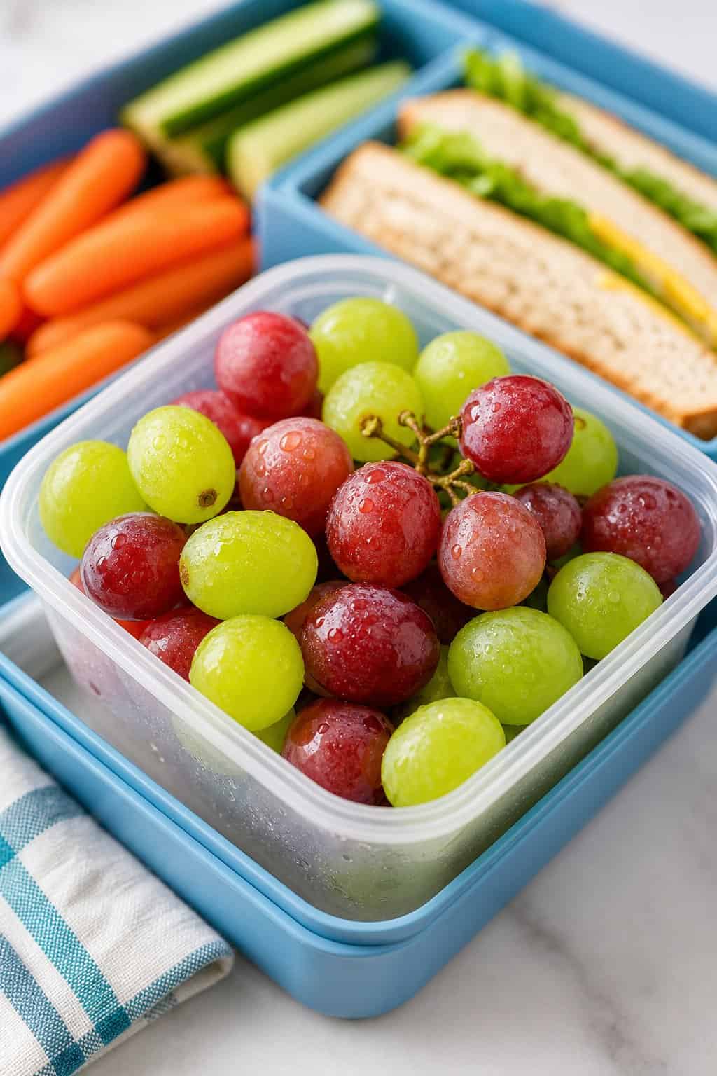 16 Easy Lunchbox Sides Kids Will Eat 4 A lunchbox compartment filled with fresh green and red seedless grapes.