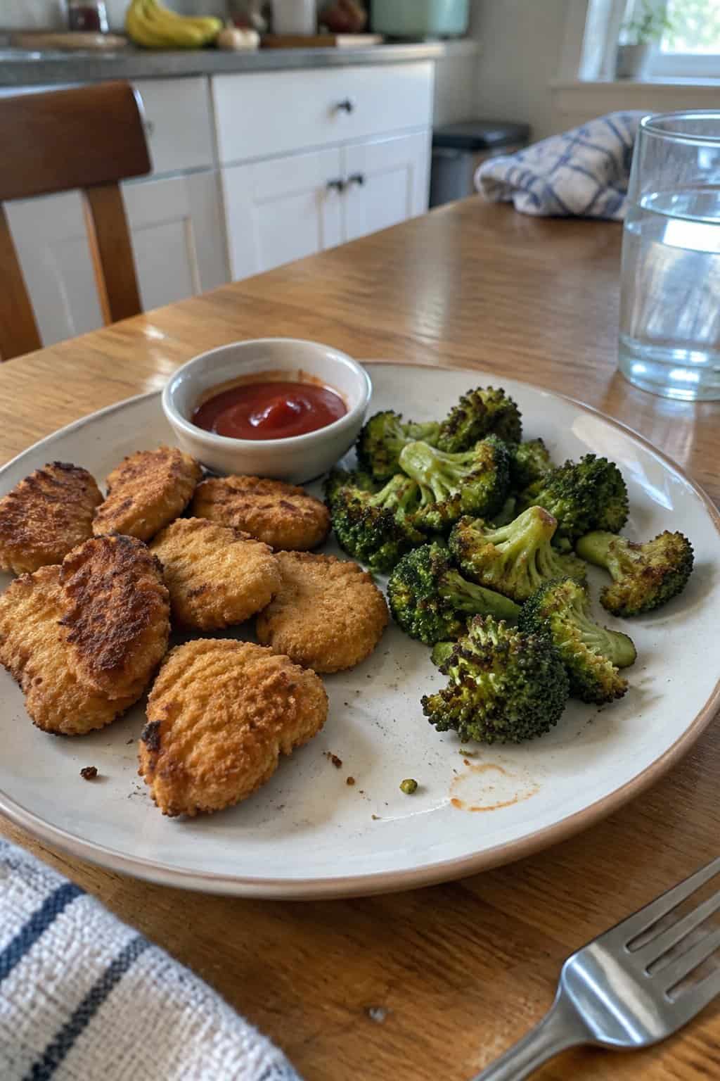 A plate of crispy chicken nuggets and roasted broccoli with a small dipping bowl on a kitchen table.