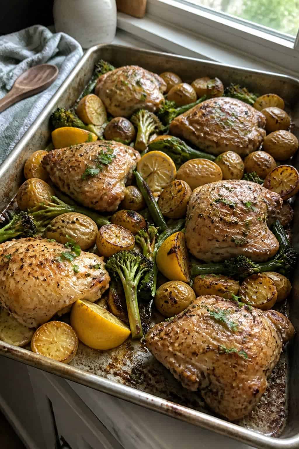 A sheet pan filled with lemon garlic chicken, roasted potatoes, and green vegetables on a kitchen counter.