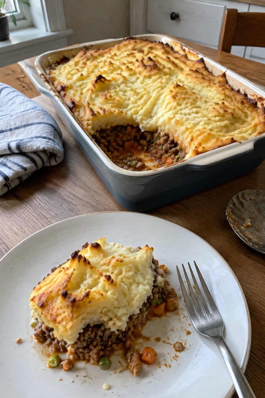 A homemade shepherd’s pie with a browned mashed potato topping sits in a baking dish beside a served portion on a plate.