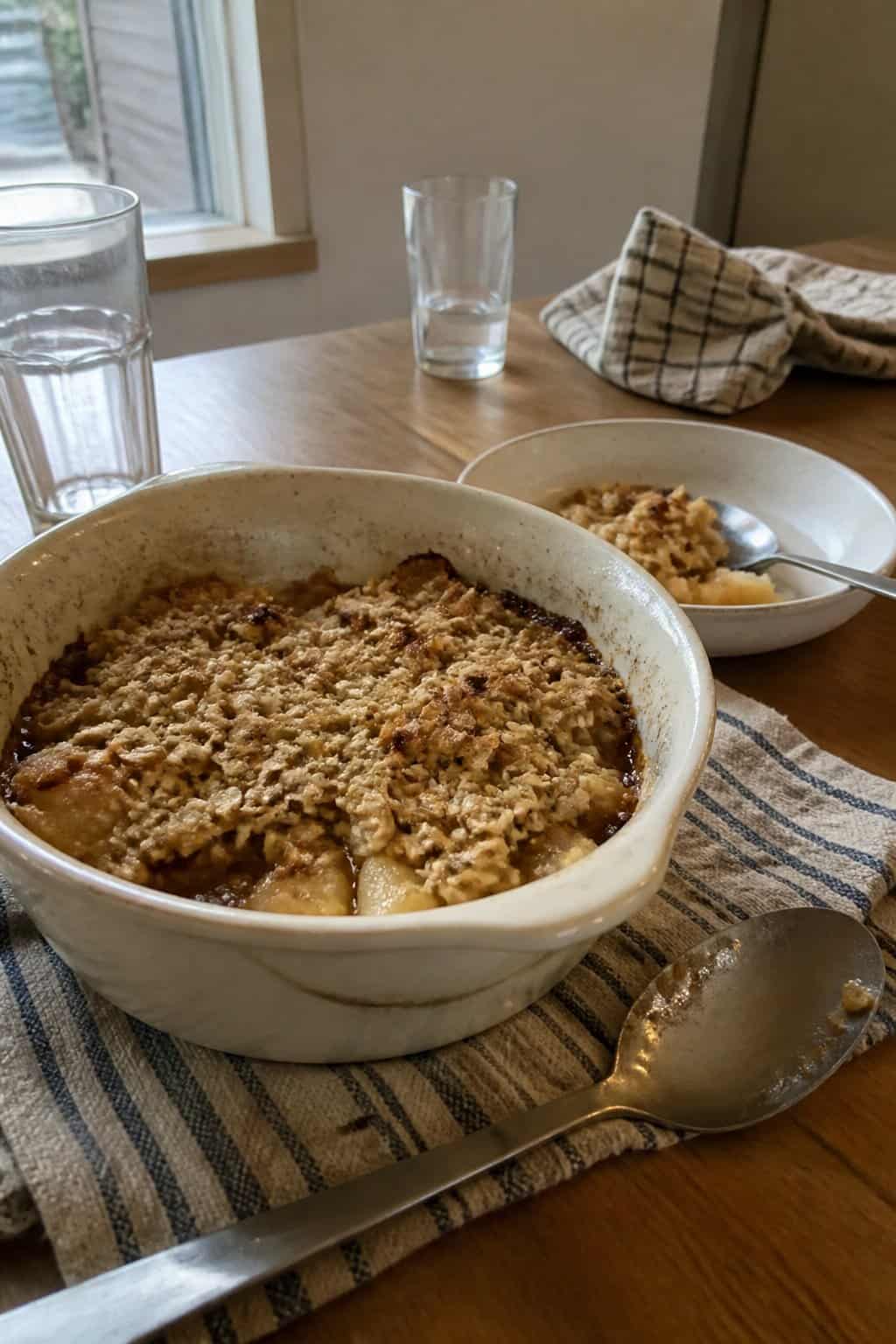 A homemade pear crisp with a golden oat topping in a baking dish on a kitchen table.