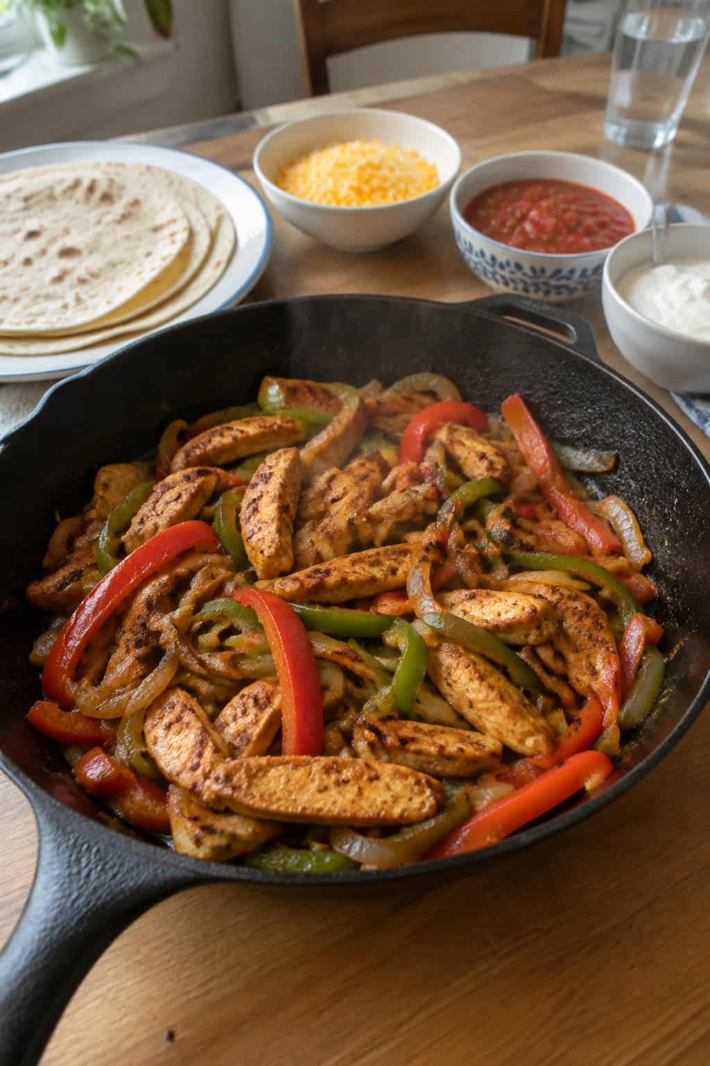 A skillet of chicken fajitas with colorful peppers beside tortillas and toppings.