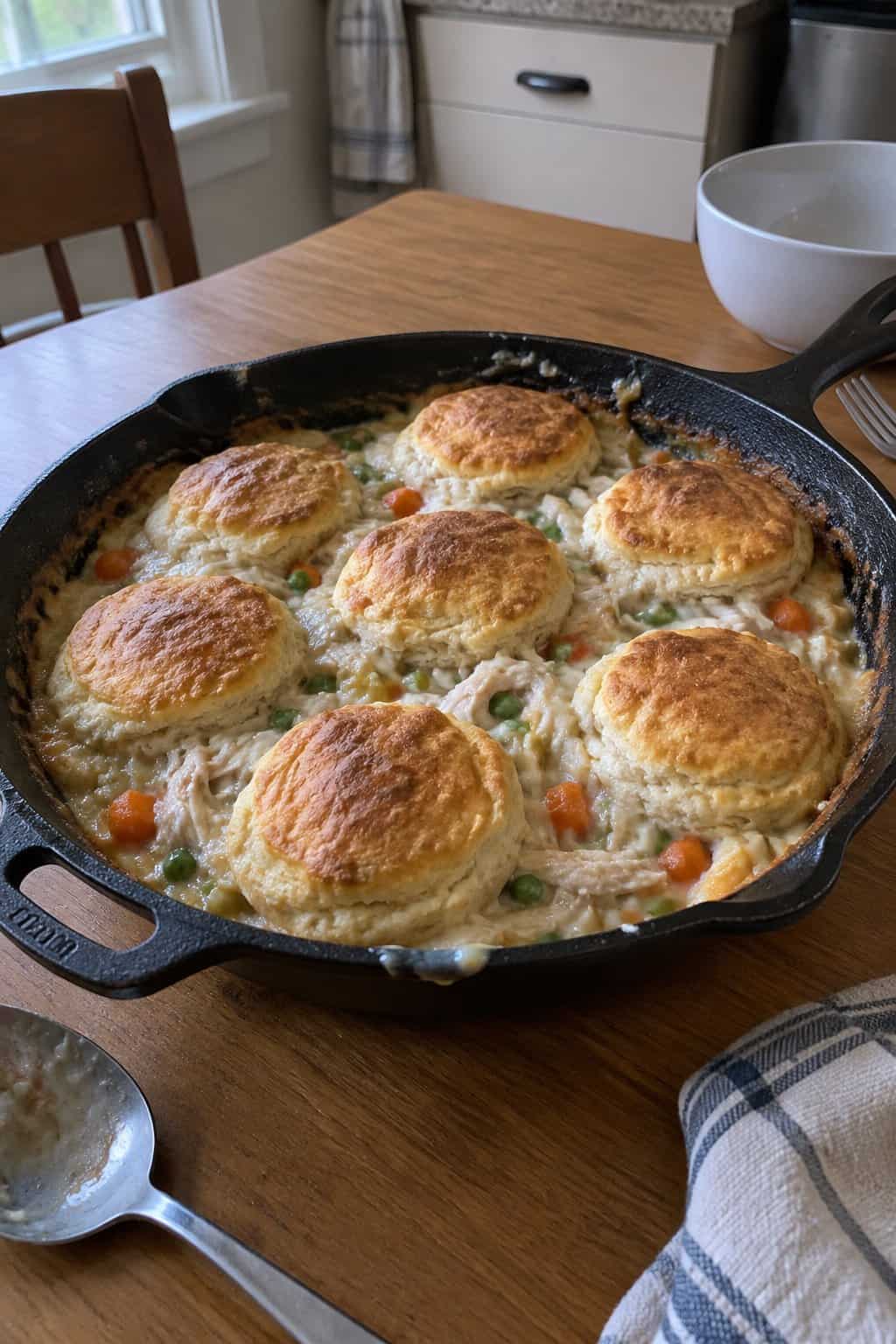 A homemade chicken pot pie with golden biscuits baked in a skillet on a kitchen table.