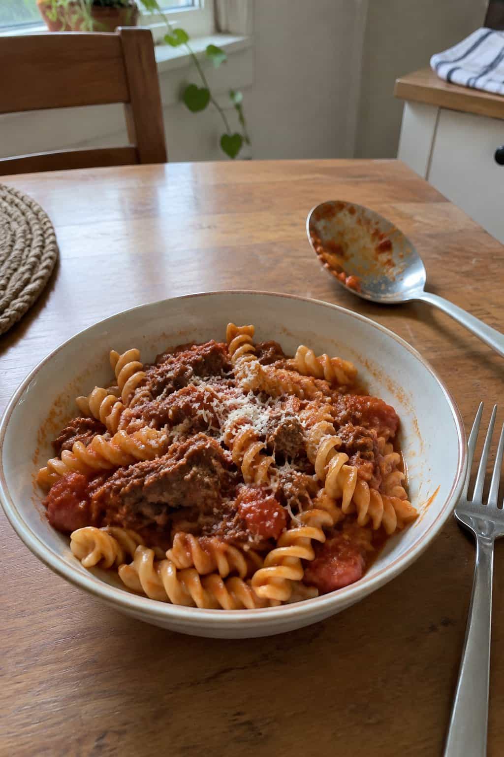Rotini spirals mixed through a thick ground beef and tomato sauce.