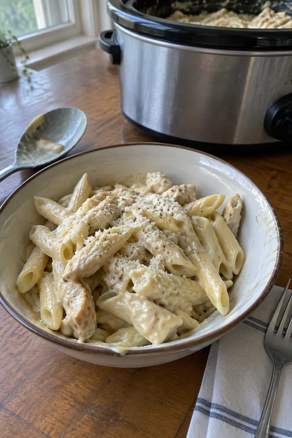 Penne coated in creamy Alfredo sauce with chunks of chicken, sitting beside the slow cooker.