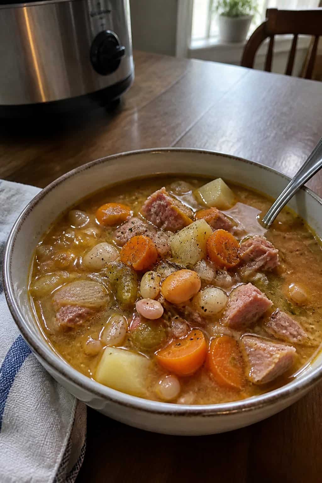Ham Soup Recipes for Chilly Nights 3 A bowl of hearty ham soup with vegetables on a kitchen table.
