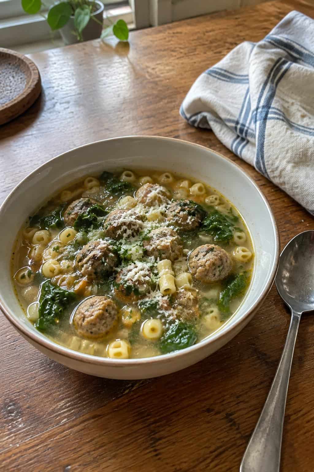 A bowl of Italian wedding soup with small ditalini pasta, tender meatballs, wilted greens, and grated Parmesan on top.