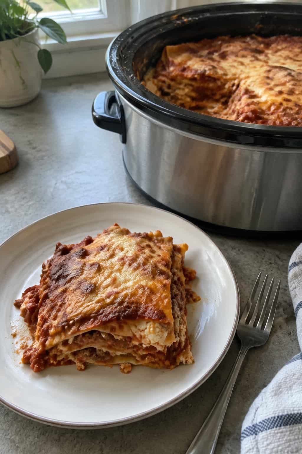 A slice of layered lasagna with visible ricotta and melted cheese, plated next to the slow cooker it came from.