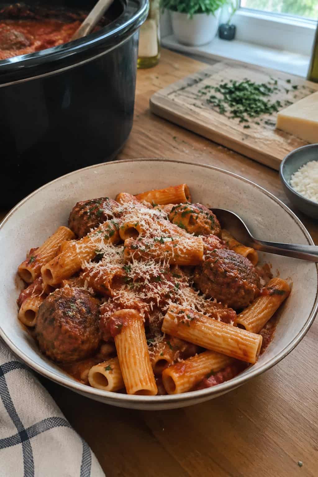Rigatoni tubes tossed with marinara sauce and whole meatballs in a shallow bowl.